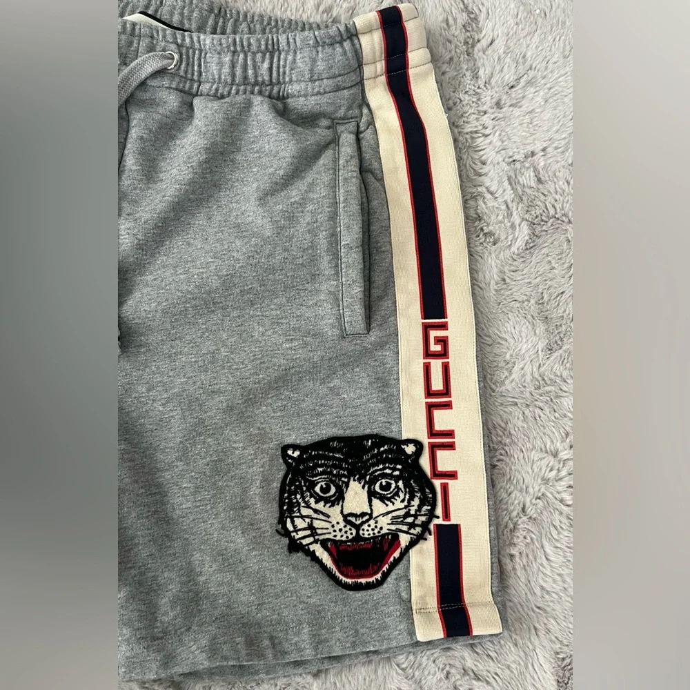 Gucci Gray Sweat Shorts with Cream & Navy Stripe and Embroidered Tiger